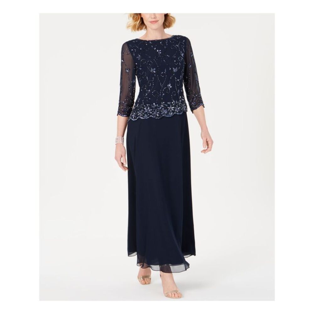 NWT JKARA Womens Navy Jewel Neck Maxi Evening Sheath Dress 10